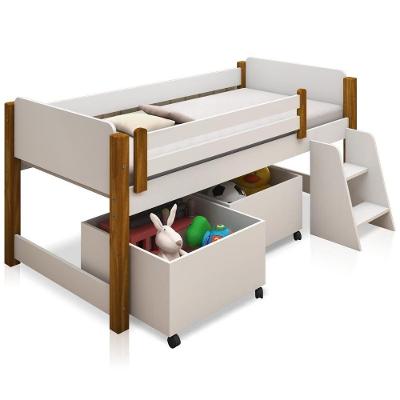 Cama Solteiro Juvenil Cama Levi com Colchão com Nichos MDF Branco Mel Divaloto Móveis