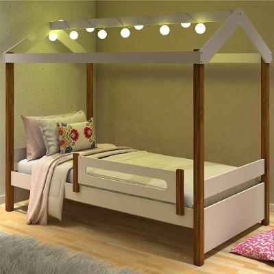 Cama Montessoriana Solteiro LED Isa MDF Branco e Mel com Colchão Divaloto Móveis