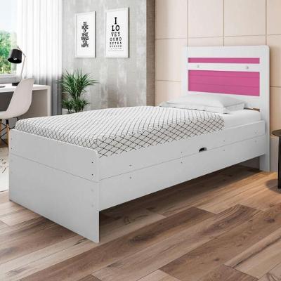 Cama Baú Solteiro Larissa com Baú Interno MDF Branco e Rosa Framar 98CM