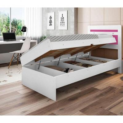 Cama Box Solteiro Baú Larissa com Colchão Espuma Branco e Rosa Framar