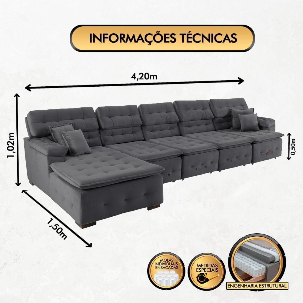 Sofá Orlando 4.20x1.50m Com Chaise, Retrátil E Reclinável - Chumbo - 7