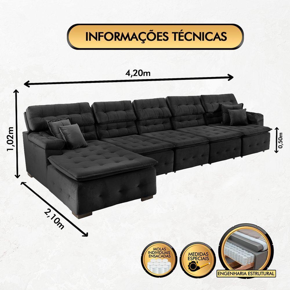 Sofá Orlando 4.20x2.10m Com Chaise, Retrátil E Reclinável - Preto - 6