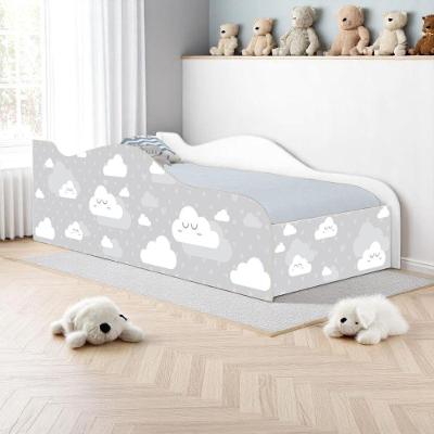 Mini Cama Infantil Nuvens Cinza MDF Branco com Grade de Proteção Casah Solteiro
