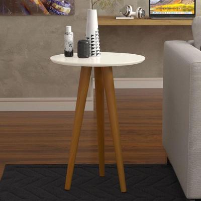 Mesa Lateral Zaya Redonda MDF Pés Madeira 46CM Off White Bege OFT Móveis