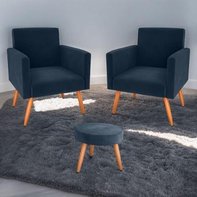 Jogo de Poltronas e Puff Elide Veludo Espuma D20 Azul com Pes Palito Matrix