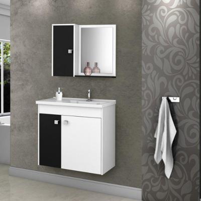 Jogo de Gabinete com Espelheira para Banheiro Natura 3 Portas 2 Prateleiras MDF 56CM Branco Preto