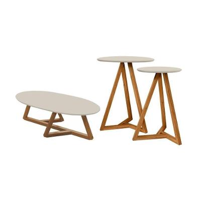 Jogo de Mesas Laterais e Mesa de Centro Juventus Redondo MDF Madeira Off White Nature Casah