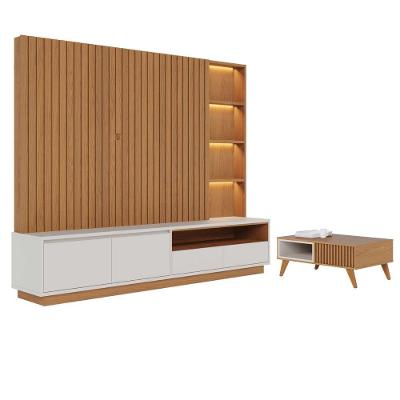 Conjunto Mesa e Estante para Sala de Estar Atena sem Porta 3 Prateleiras MDP-MDF 240CM Freijó Off
