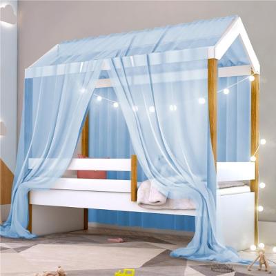 Cama Montessoriana Solteiro Cama Montessori Exclusiv com Fio de Luz Colchão e Voal Azul MDF Branco