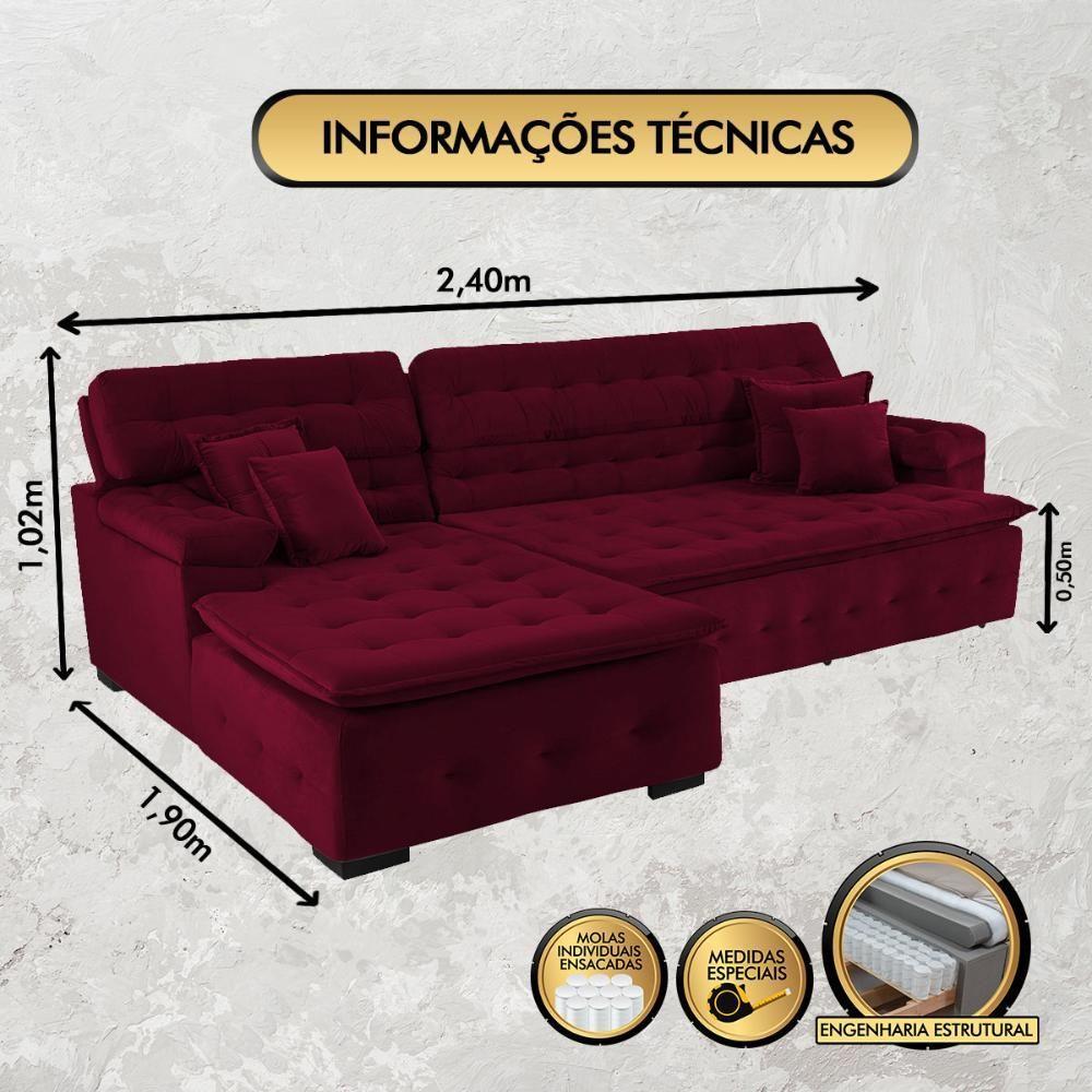 Sofá Orlando 2.40x1.90m Com Chaise, Retrátil E Reclinável - Vinho - 8