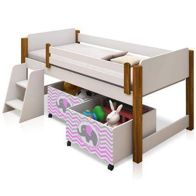 Cama Juvenil Solteiro Aurum com Nichos Escada Lateral MDF Branco Mel Divaloto Móveis