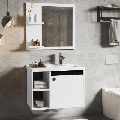 Gabinete e Espelheira para Banheiro com Cuba Valência 1 Porta 2 Prateleiras MDP 60CM Branco Preto