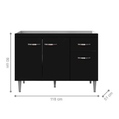 Balcão de Cozinha Gabriela 3 Portas 1 Gaveta 118CM Preto Fosco AJL Móveis