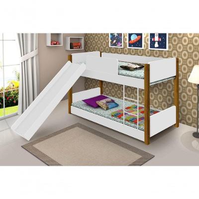 Beliche Infantil Bruma Mini Cama com Escorregador MDF Branco e Mel com Colchões Divaloto Móveis