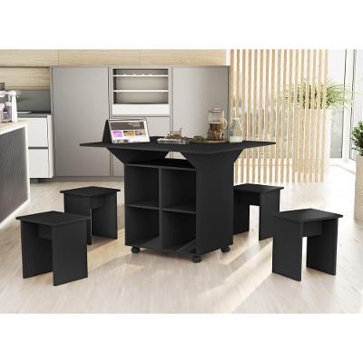 Mesa Ravel Mesa Bancada com Banquinhos 4 Lugares Tampo MDF Retratil Preto 91CM