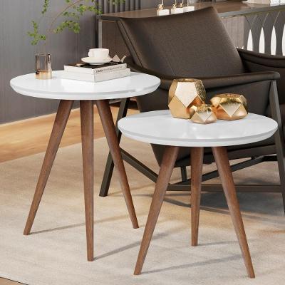 Jogo de Mesas Laterais Conjunto Mesa Lateral Sofá Sala Pés Palito Redondo MDF Madeira Branco JM3