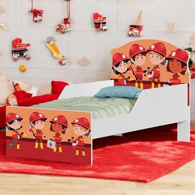 Cama Infantil Ursinho Bombeiro com Colchão MDF Branco com Grade de Proteção Cambel Móveis