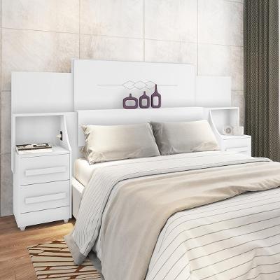 Cabeceira Amora Casal Extensível Regulável com Mesas de Cabeceira Fixação no Box MDF MDP Branco RV