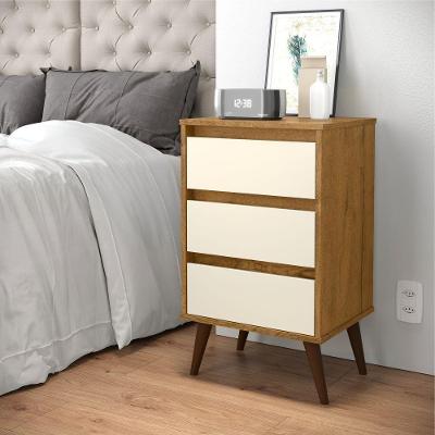 Mesa de Cabeceira Mundo Retrô Freijo Off White 3 Gavetas MDP EJ Móveis