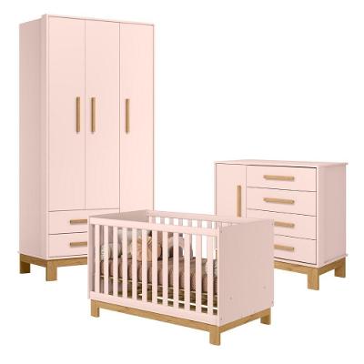 Berço Cômoda e Guarda Roupa Jogo Monet Infantil MDP Rosa Acetinado Qmovi