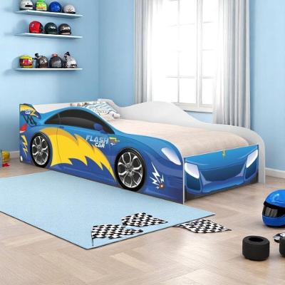 Cama Carro Infantil Thunder Raios com Grade MDF Branco e Azul Casah