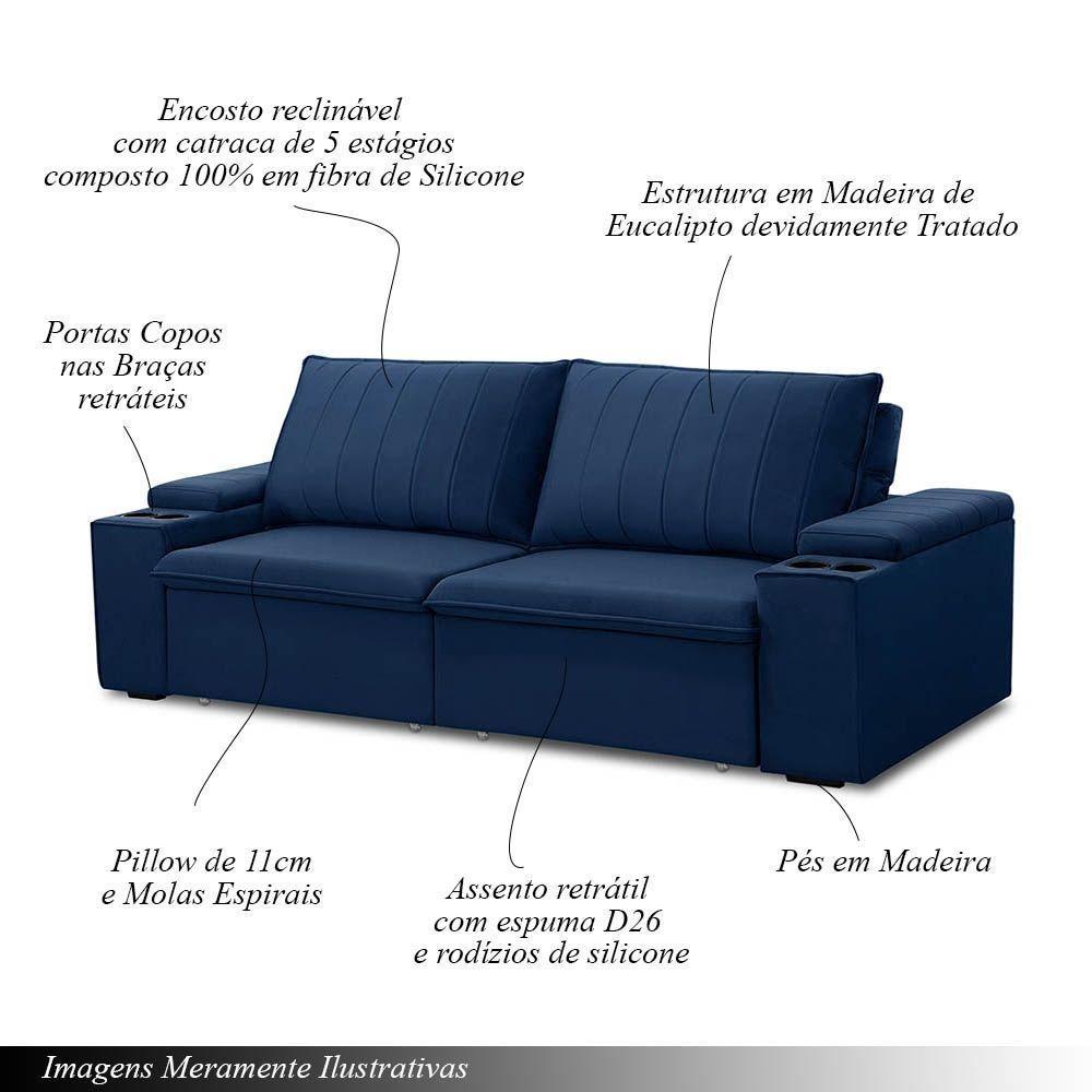 Sofá Retrátil E Reclinável 2 Lugares 205cm Kent Porta Copos No Braço Veludo Azul G22 Gran Belo - 5