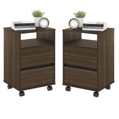 Conjunto de Mesa de Cabeceira Nadi 2 Gavetas Rodízios Marrom Plata Móveis
