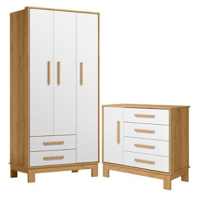 Conjunto Guarda Roupa e Cômoda Villa Savana 3 Portas MDP Branco Qmovi