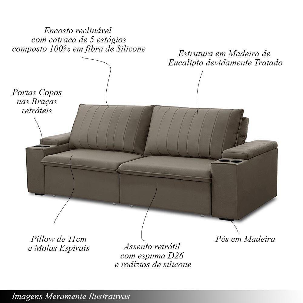 Sofá Retrátil E Reclinável 2 Lugares 205cm Kent Porta Copos No Braço Veludo Castor G22 - Gran Belo - 4