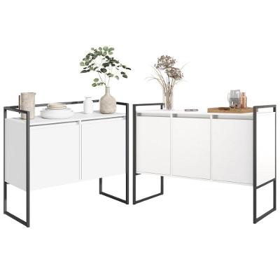 Jogo Buffets Kaleb 2 e 3 Portas Industrial Branco Preto MDP Estrutura em Aco Plata Móveis