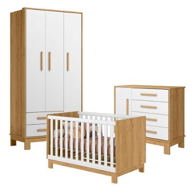 Jogo Berço Cômoda Guarda Roupa Gran Aurora Infantil 4 Portas 6 Gavetas MDP 94CM Freijó Branco