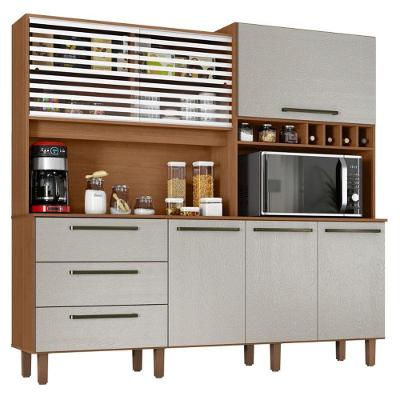 Armário para Cozinha Kit Mega 6 Portas 3 Gavetas MDP 207,4cm Cinamomo Areia Zanzini Móveis