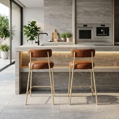 Banqueta Média Londres Assento PU Base Fixa com Encosto 65cm Dourado D'Rossi