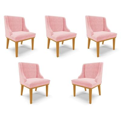 Kit 5 Cadeiras Firenze Madeira Suede Rosa Bebê e Castanho para Sala de Jantar Gran Belo
