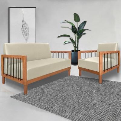 Conjunto Sofá Namoradeira e Poltrona Manila 160cm Bege Pu para Sala de Estar Gran Belo
