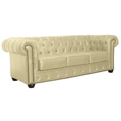 Sofá Chesterfield G40 3 Lugares 235cm Couro Bege com Pés Madeira Gran Belo