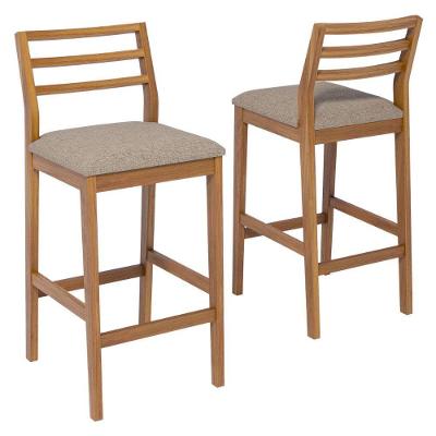 Kit 2 Banquetas Alta Oliva Madeira Maciça Tauari Estofado em Linho Bege Milani Movelaria