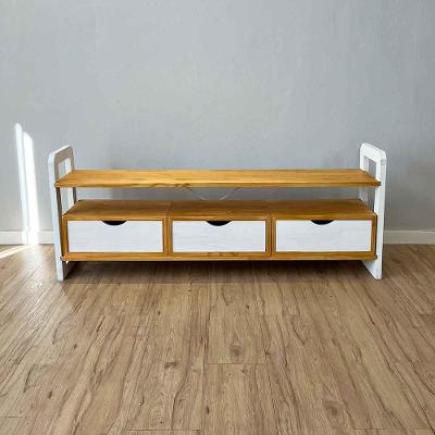 Rack Tv Linea 140CM Madeira Pinus 3 Gavetas Nozes e Branco Artfactory