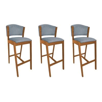Kit 3 Banquetas Altas Ana em Linho Base Madeira Maciça sem Encosto Cinza