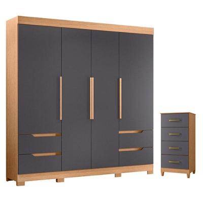 Guarda Roupa Solteiro Vivacce 4 Portas de Bater com Cômoda 4 Gavetas MDP Freijo Titanium 120CM