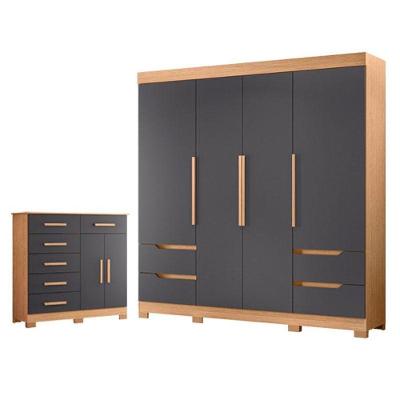 Guarda Roupa Solteiro e Cômoda Vivacce e Xangai 4 Portas 6 Gavetas MDP Freijo Titanium Albatroz