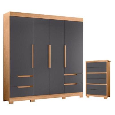 Guarda Roupa Solteiro com Cômoda Vivacce 4 Portas 6 Gavetas MDP Freijo Titanium Albatroz Móveis