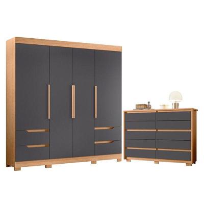 Guarda Roupa Solteiro e Cômoda Vivacce e Duetto 4 Portas 10 Gavetas MDP Freijo Titanium Albatroz