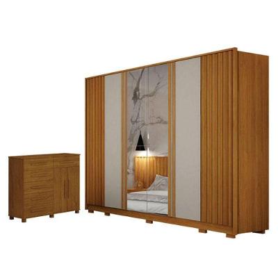Guarda Roupa Casal com Cômoda Evo 6 Portas de Bater 6 Gavetas MDF MDP Cinamomo e Off-White Leifer