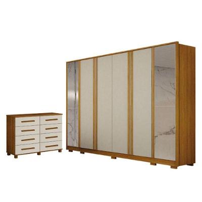 Guarda Roupa Casal Ares 6 Portas de Bater com Espelho e Cômoda 8 Gavetas MDF MDP Cinamomo Off-white