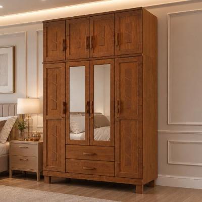 Guarda Roupa Solteiro Lorie F06 8 Portas de Bater 2 Gavetas Madeira Maciça com Espelho Castanho Lyam