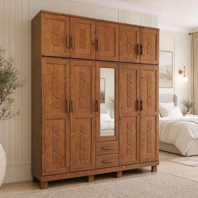 Guarda Roupa Casal Lorie F06 10 Portas de Bater 2 Gavetas Madeira Maciça com Espelho Castanho Lyam