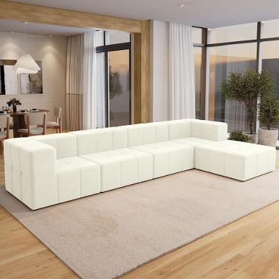 Sofá Lancaster F04 4 Lugares com Puff 352cm Bege em Veludo Lyam Decor