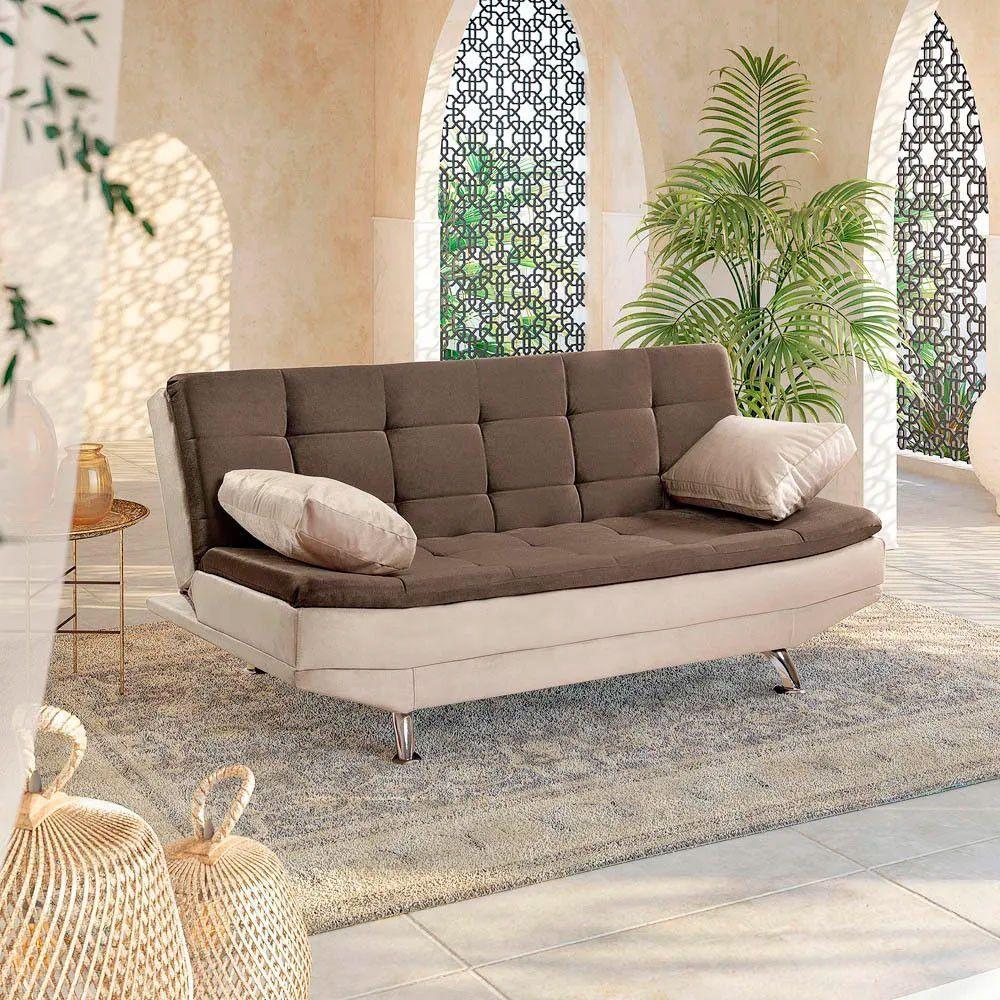 Sofá Cama Valencia 3 Lugares Reclinável Veludo Bege Marfim E Marrom Chocolate - Speciale Home Bege - 8