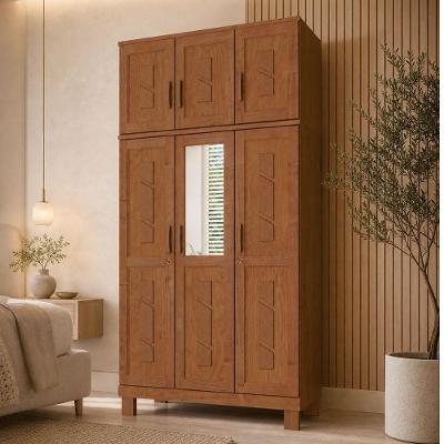 Guarda Roupa Solteiro Lorie F06 6 Portas de Bater 2 Gavetas Madeira Maciça Castanho Lyam Decor